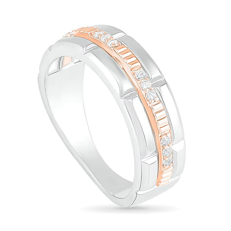 0.13 ct. Gesamtgewicht Diamant-Ehering mit Struktur und drei Reihen in 10K Two-Tone Gold