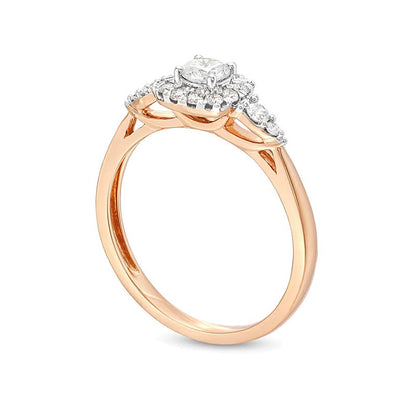 Verlobungsring mit Halo, 0.5 ct. Gesamtgewicht Diamant im Kissenschliff-Rahmen mit Blattseiten in 10K Roségold (J/I3)