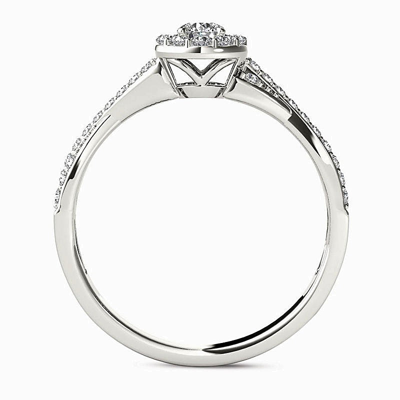 0.5 ct. Gesamtgewicht Verlobungsring mit Diamant-Halo und gedrehter Ringschiene in 14K Weißgold