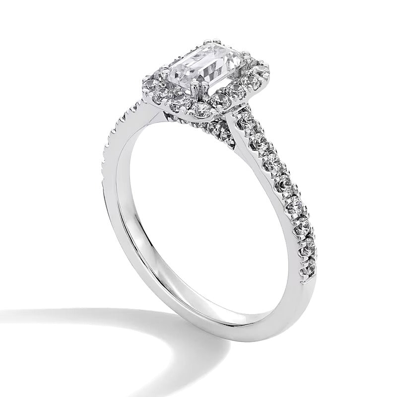 Verlobungsring 1.0 ct. Gesamtgewicht mit Labordiamanten im Smaragdschliff und Halo in 14K Weißgold (F/SI2)