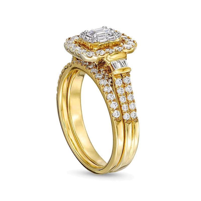 1.0 ct. Gesamtgewicht Diamant-Brautset im Smaragdschliff, zweireihig, in 10K Gelbgold