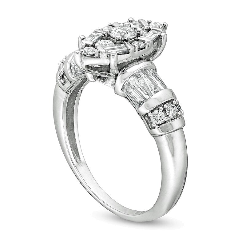 1.0 ct. Gesamtgewicht Multi-Diamant Verlobungsring mit Marquise-, runden und Baguette-Diamanten in 14K Weißgold