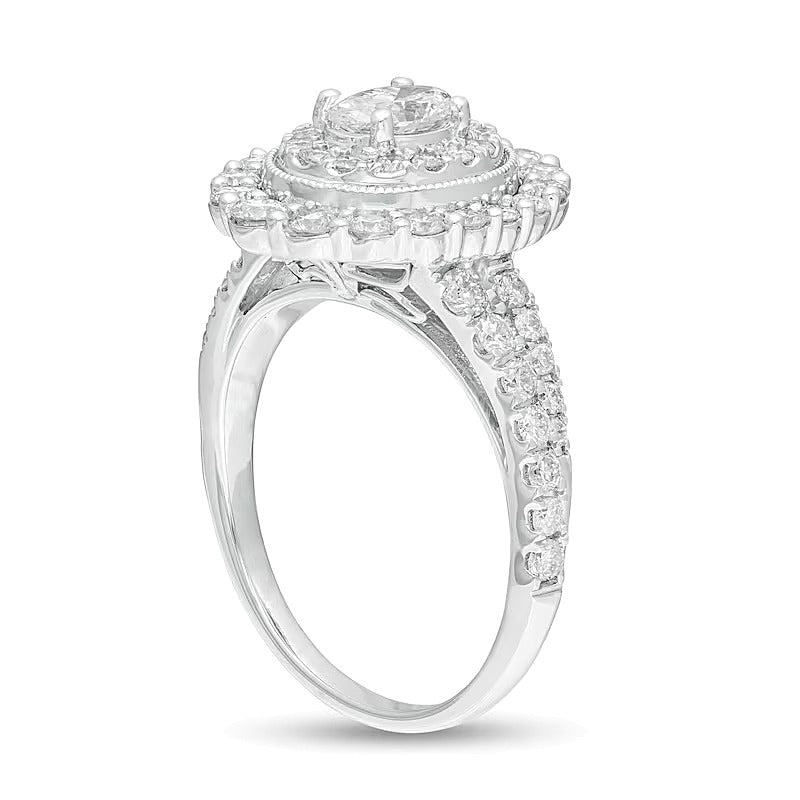 1.5 CT. Gesamtgewicht Verlobungsring im Vintage-Stil mit ovalem Diamant und doppeltem Rahmen in 14K Weißgold