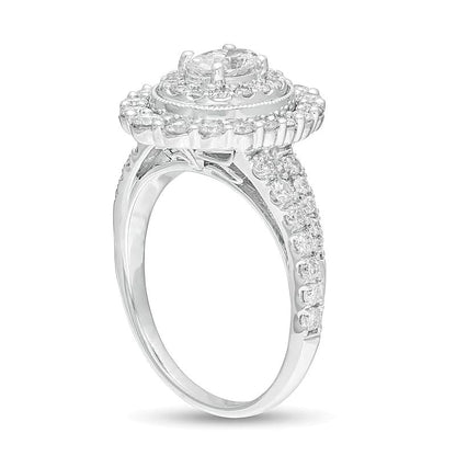 1.5 CT. Gesamtgewicht Verlobungsring im Vintage-Stil mit ovalem Diamant und doppeltem Rahmen in 14K Weißgold