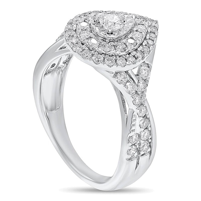 1.0 CT. Gesamtgewicht Diamant Verlobungsring mit doppeltem tropfenförmigem Halo und gedrehter Ringschiene in 10K Weißgold