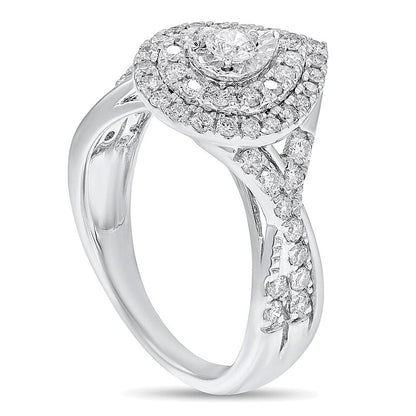 1.0 CT. Gesamtgewicht Diamant Verlobungsring mit doppeltem tropfenförmigem Halo und gedrehter Ringschiene in 10K Weißgold