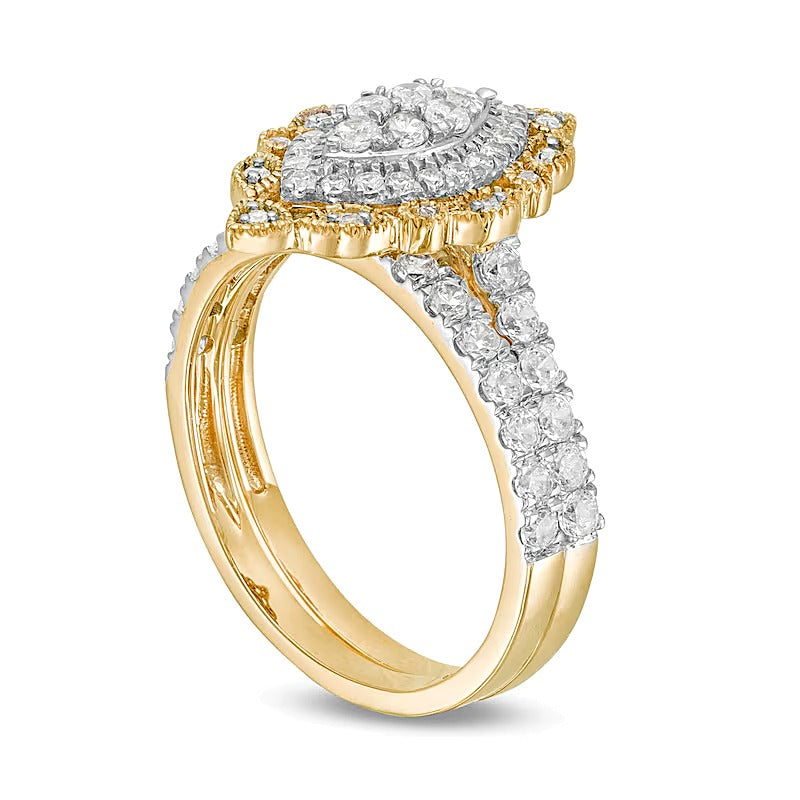Braut-Set mit weißen Diamanten in Rund und Marquise, 1.0 ct. Gesamtgewicht, 10K Gelbgold