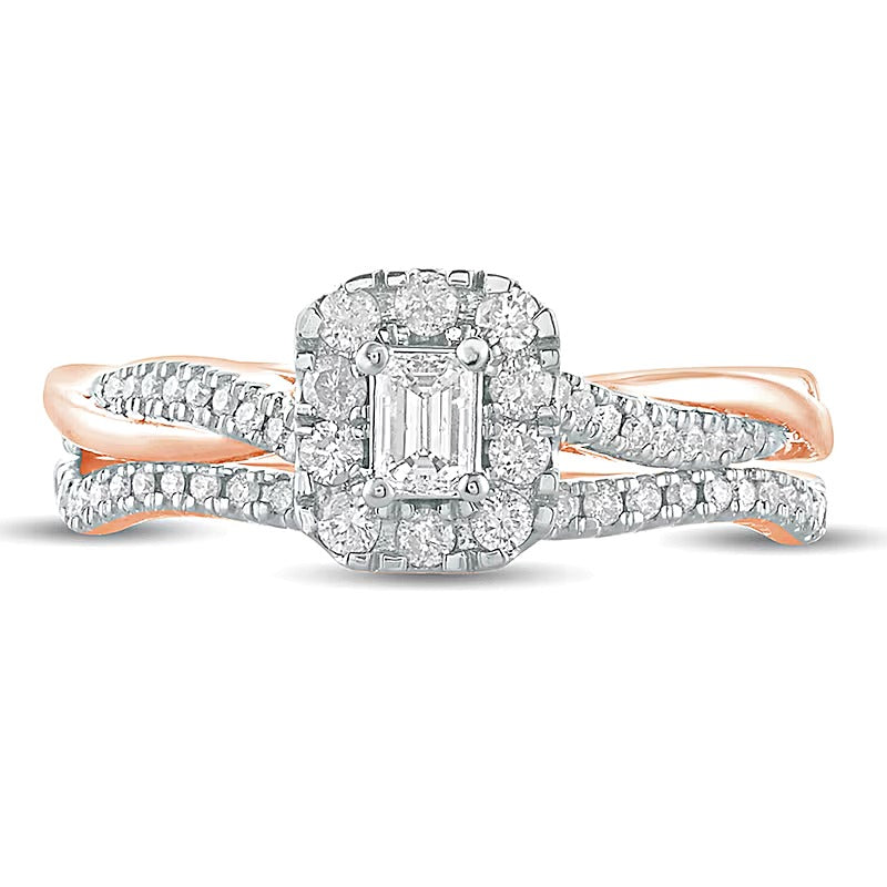 Braut-Set mit weißen Diamanten im Smaragdschliff 0,5 ct. Gesamtgewicht in 10K Roségold