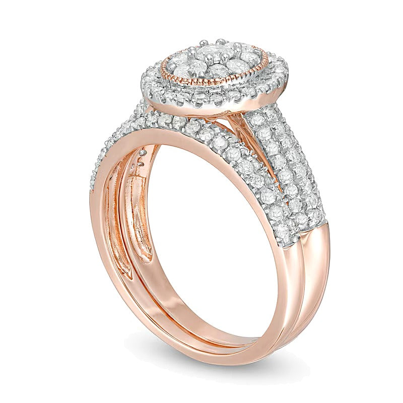 1.0 ct. Gesamtgewicht Diamant-Brautset im Vintage-Stil mit ovalem Rahmen in 10K Roségold