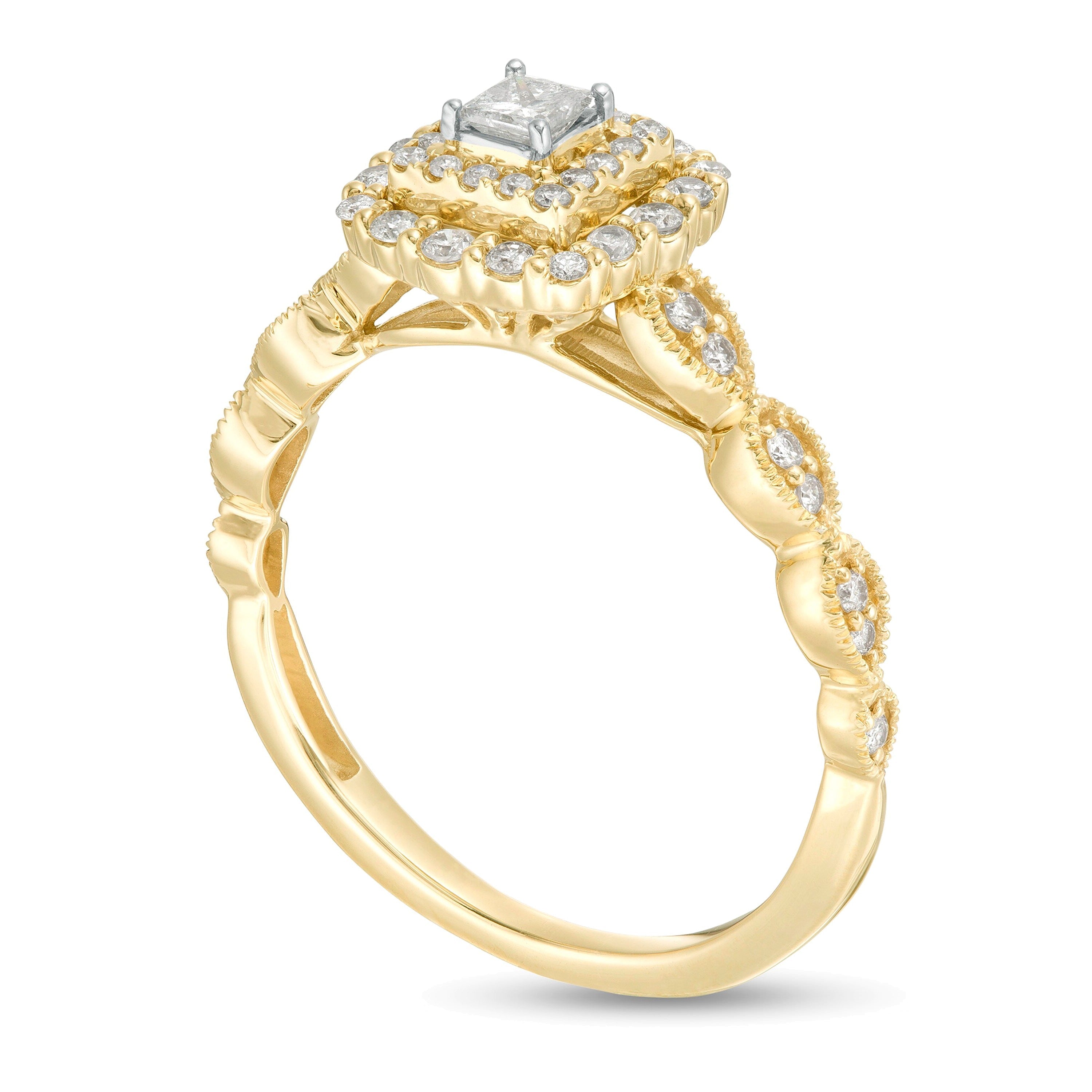 0,38 ct. Gesamtgewicht Verlobungsring mit weißen Diamanten im Princess- und Rundschliff, Halo, in 10K Gelbgold