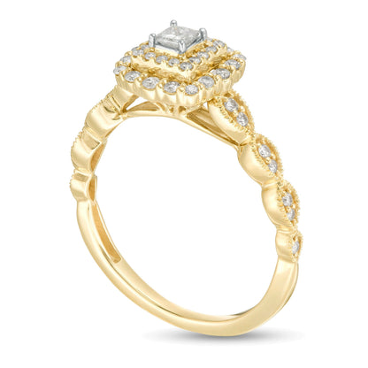 0,38 ct. Gesamtgewicht Verlobungsring mit weißen Diamanten im Princess- und Rundschliff, Halo, in 10K Gelbgold