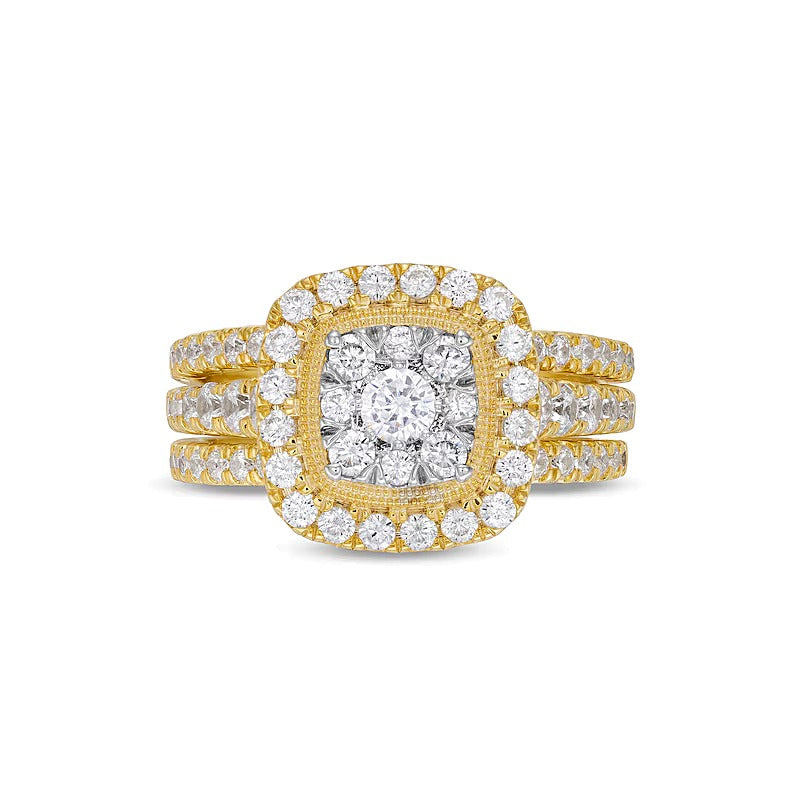 Brautset mit weißen Diamanten im Kissenschliff und Rundschliff, 1.5 ct. Gesamtgewicht, in 10K Gelbgold