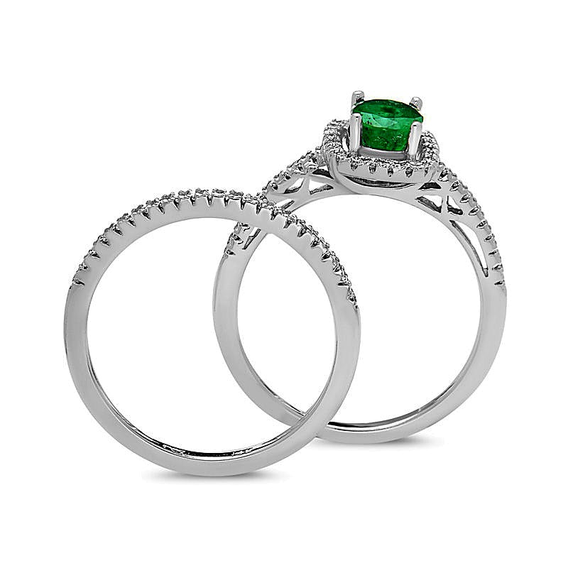 Braut-Set mit ovalem Smaragd und Diamanten von 0,33 ct. Gesamtgewicht in 14K Weißgold