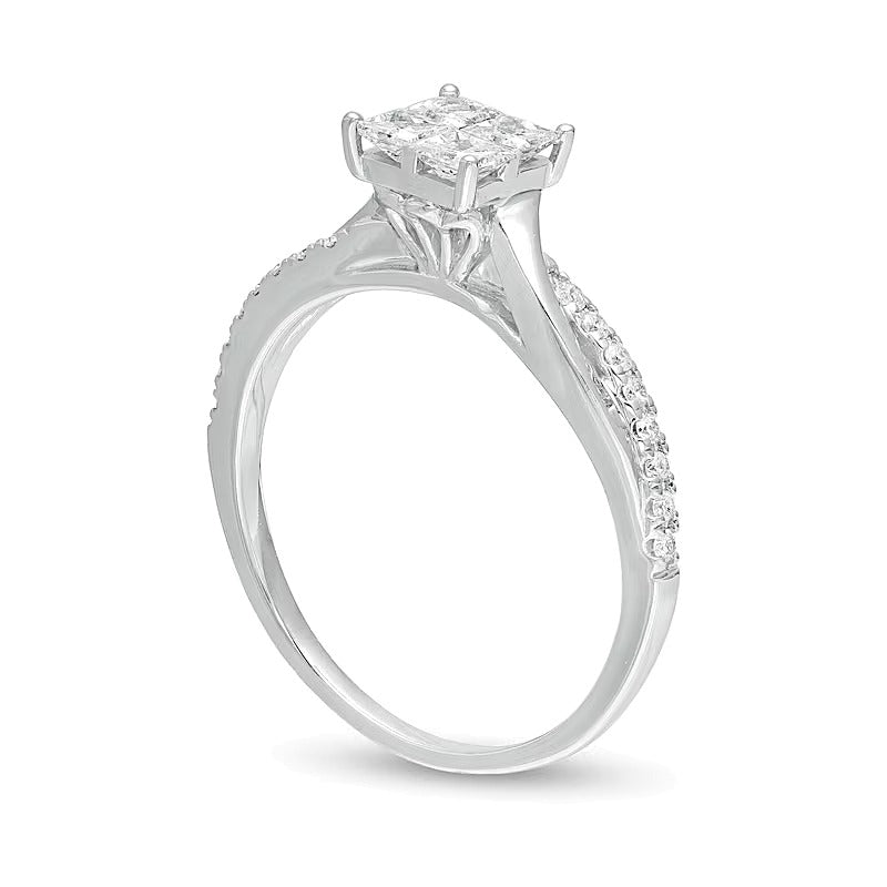 0.5 CT. Gesamtgewicht Verlobungsring mit Diamanten im Princess- und Rundschliff und gedrehter Schiene in 14K Weißgold