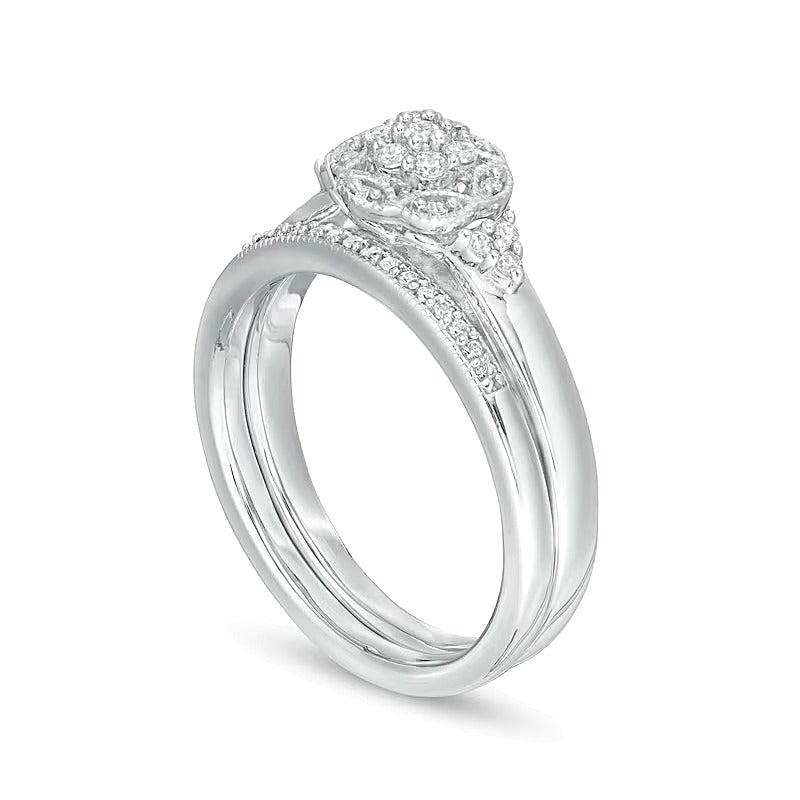 0.25 ct. Gesamtgewicht Komposit-Diamant Braut-Set im Vintage-Stil mit sechseckigem Rahmen aus rhodiniertem Sterlingsilber 925