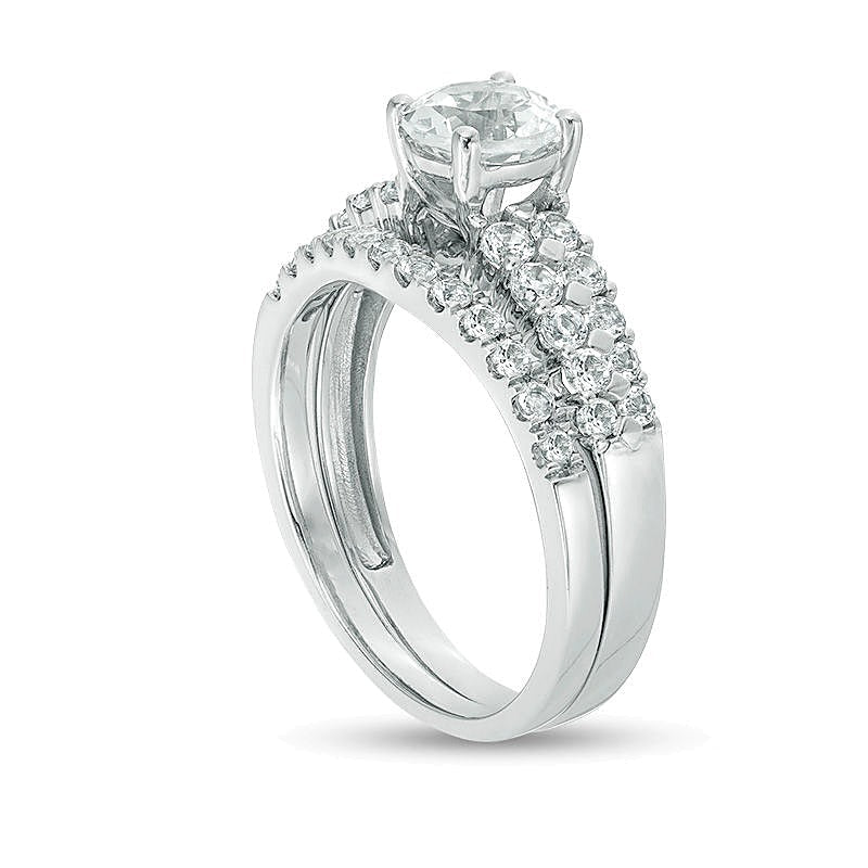 6,0 mm Braut-Set mit im Labor gezüchtetem weißem Saphir in rhodiniertem Sterlingsilber