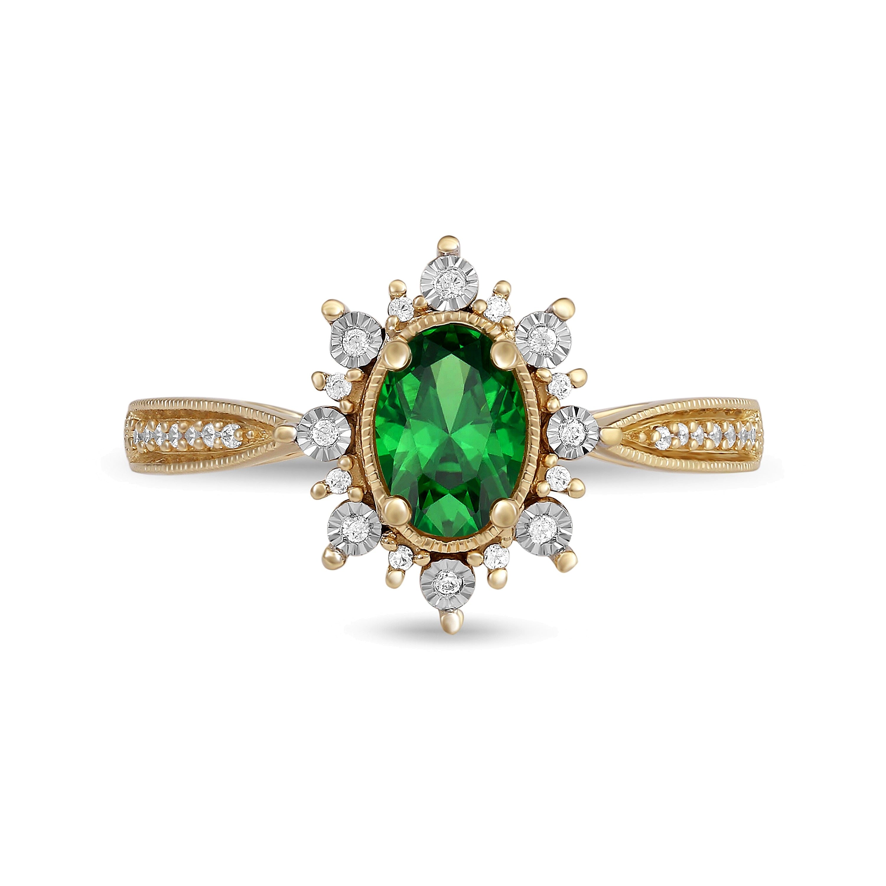 Ring mit ovalem Smaragd und 0,1 ct. Gesamtgewicht Diamanten im Vintage-Stil mit Sunburst-Fassung und verjüngter Ringschiene aus 10K Gold