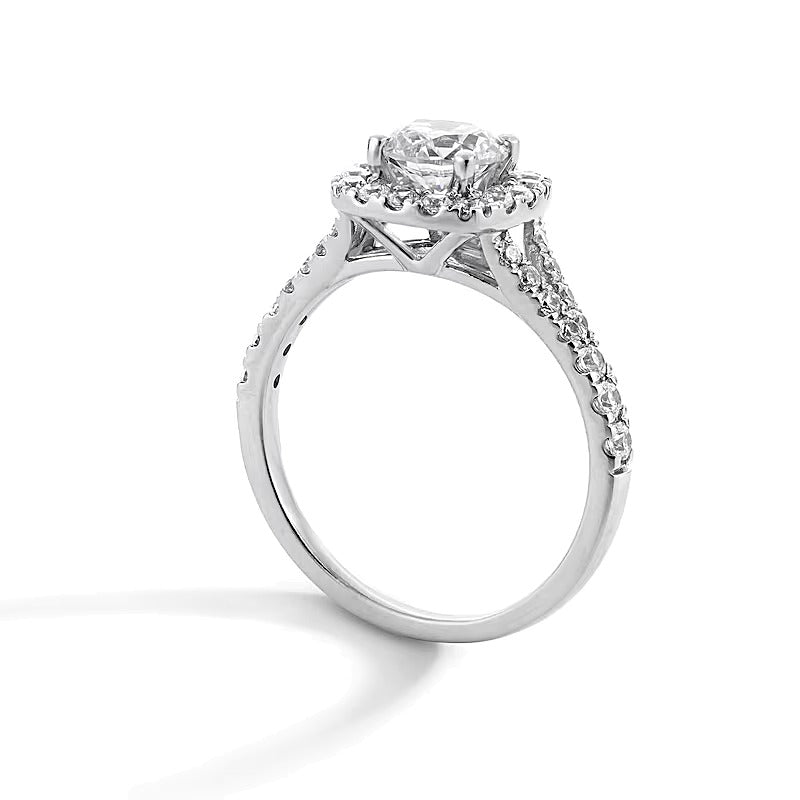1.5 CT. Gesamtgewicht Labordiamant Verlobungsring mit Halo im Kissenschliff und geteiltem Ringschienen-Design in 14K Weißgold (G/SI2)