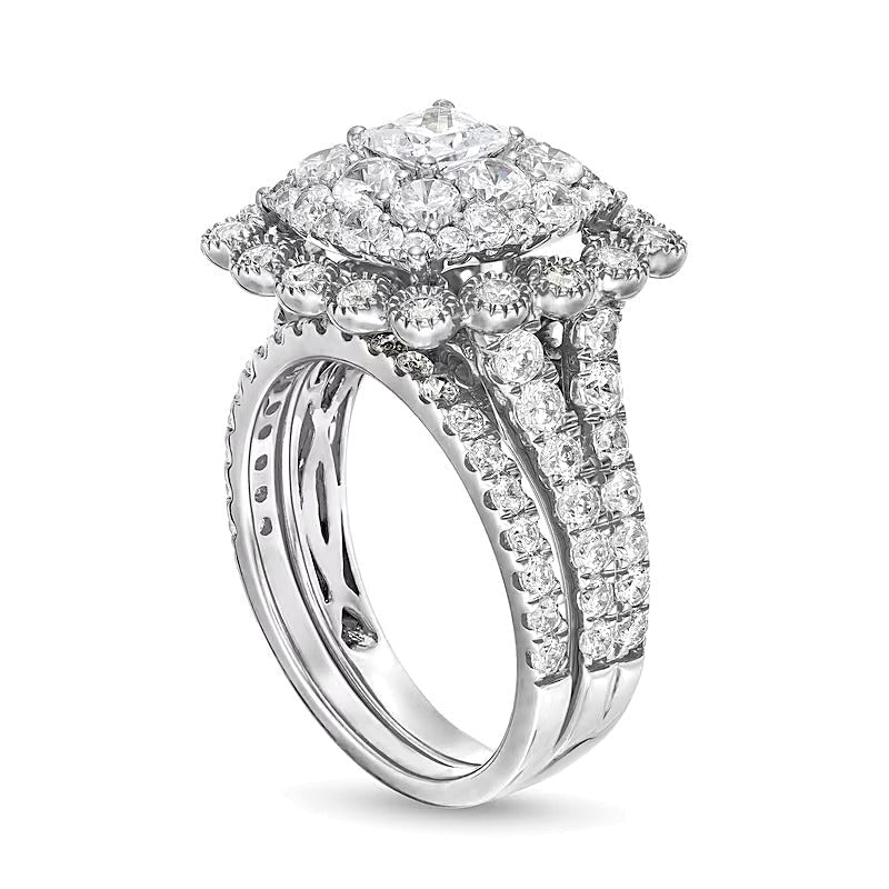 2.75 CT. Gesamtgewicht Diamant-Brautset im Vintage-Stil mit Kissenschliff und Bubble-Rahmen in 10K Weißgold