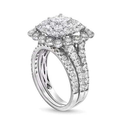 2.75 CT. Gesamtgewicht Diamant-Brautset im Vintage-Stil mit Kissenschliff und Bubble-Rahmen in 10K Weißgold