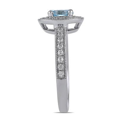 6.0mm Aquamarin und Labordiamant im Vintage-Stil mit Halo, 0,38 ct. Gesamtgewicht, in 14K Weißgold