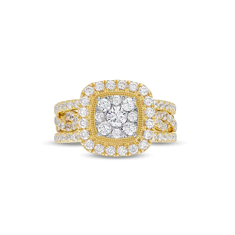 1.63 CT. Gesamtgewicht Braut-Set im Kissenschliff mit mehreren Diamanten und gedrehter Ringschiene, dreiteilig, aus 10K Gelbgold