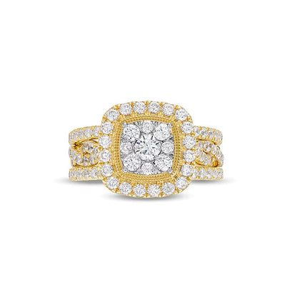 1.63 CT. Gesamtgewicht Braut-Set im Kissenschliff mit mehreren Diamanten und gedrehter Ringschiene, dreiteilig, aus 10K Gelbgold