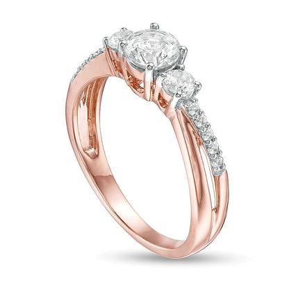 Dreistein-Ring mit im Labor gezüchtetem weißem Saphir in 10K Roségold
