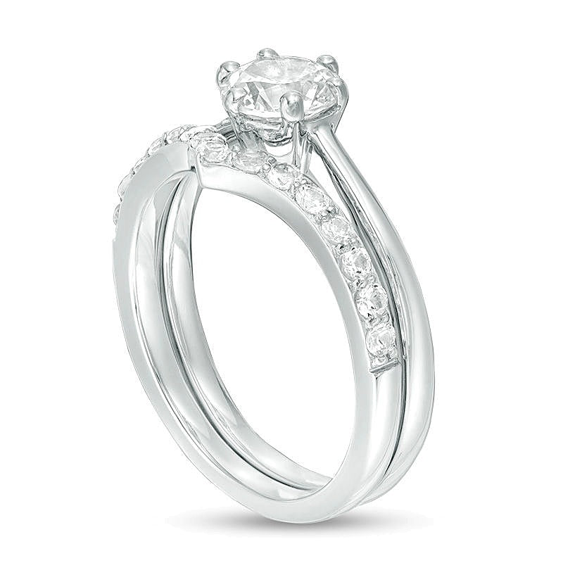 6,0 mm Braut-Set mit im Labor gezüchtetem weißem Saphir, rund, in rhodiniertem Sterlingsilber