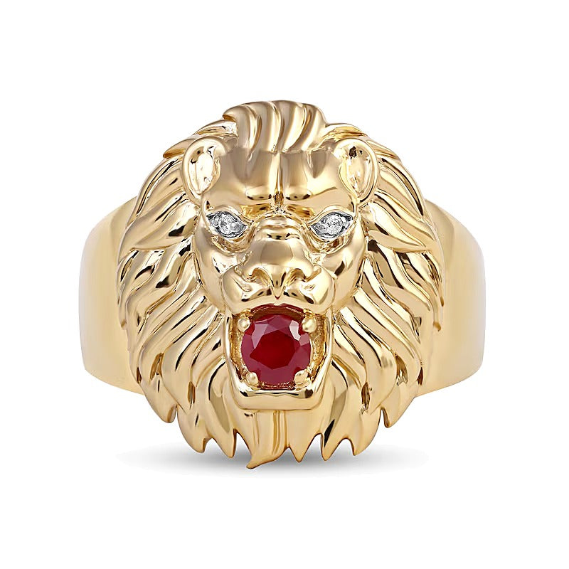 Löwenkopf-Ring mit Rubin und Diamant-Besatz in 10K Gelbgold