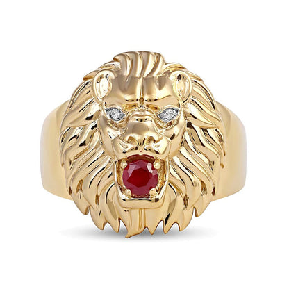 Löwenkopf-Ring mit Rubin und Diamant-Besatz in 10K Gelbgold