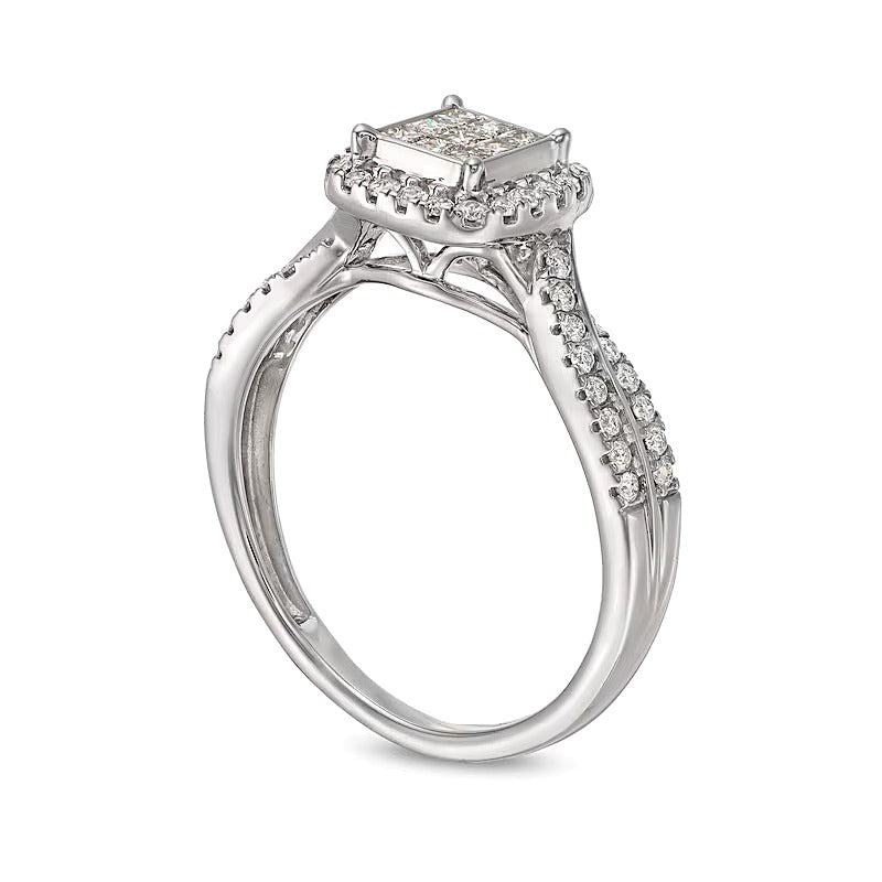 Verlobungsring 0.5 ct. Gesamtgewicht mit weißen Diamanten im Princess-, Rund- und Kissenschliff, Halo, in 14K Weißgold