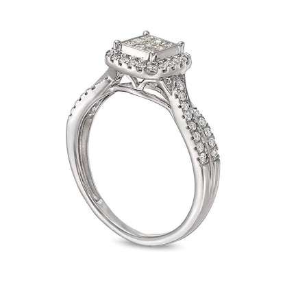 Verlobungsring 0.5 ct. Gesamtgewicht mit weißen Diamanten im Princess-, Rund- und Kissenschliff, Halo, in 14K Weißgold