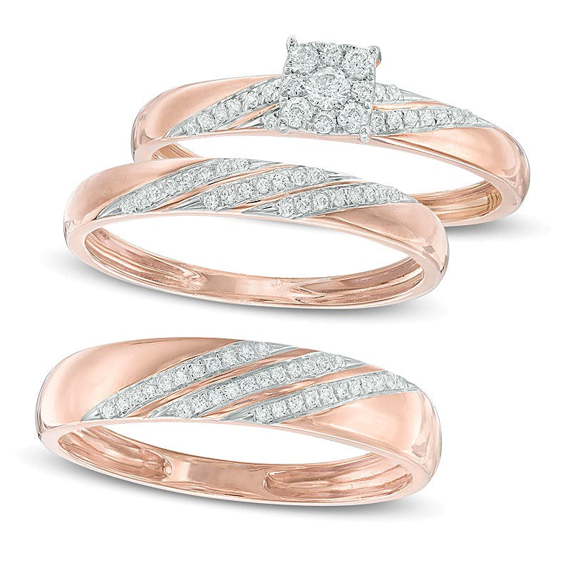 Ehering mit Diamantbesatz und Komfortschliff in schräger Optik in 10K Roségold