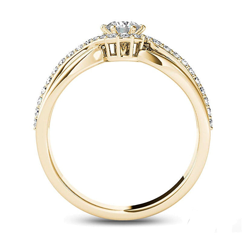 0.5 ct. Gesamtgewicht Diamant Halo Verlobungsring mit Swirl-Design in 14K Gelbgold