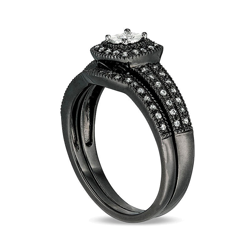 0.2 ct. Gesamtgewicht Diamant Brautset im Vintage-Stil mit Kissenschliff-Rahmen in 10K Weißgold mit schwarzem Rhodium