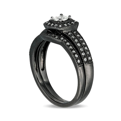0.2 ct. Gesamtgewicht Diamant Brautset im Vintage-Stil mit Kissenschliff-Rahmen in 10K Weißgold mit schwarzem Rhodium