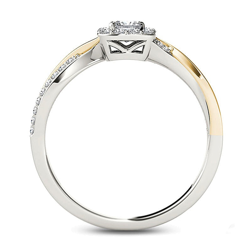 0.5 ct. Gesamtgewicht Verlobungsring Halo mit Diamanten im Princess-Schliff und quadratischer Fassung in 14K Gold zweifarbig