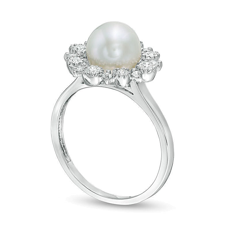 8,0mm Süßwasser-Zuchtperle und 0,38 ct. Gesamtgewicht Diamant Halo-Ring in 14K Weißgold