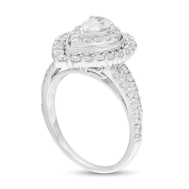 1.5 CT. Gesamtgewicht Verlobungsring mit tropfenförmigem Diamant im Vintage-Stil und Doppel-Halo in 14K Weißgold