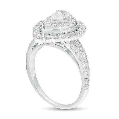 1.5 CT. Gesamtgewicht Verlobungsring mit tropfenförmigem Diamant im Vintage-Stil und Doppel-Halo in 14K Weißgold