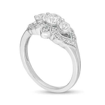 1.0 CT. TW Dreistein-Verlobungsring im Vintage-Stil mit runden weißen Diamanten und floralem Rahmen in 14K Weißgold