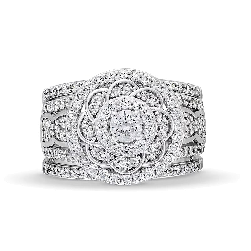 Brautset mit Diamanten 1.5 ct. Gesamtgewicht im keltischen Blumendesign mit Halo aus 10K Weißgold