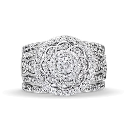 Brautset mit Diamanten 1.5 ct. Gesamtgewicht im keltischen Blumendesign mit Halo aus 10K Weißgold