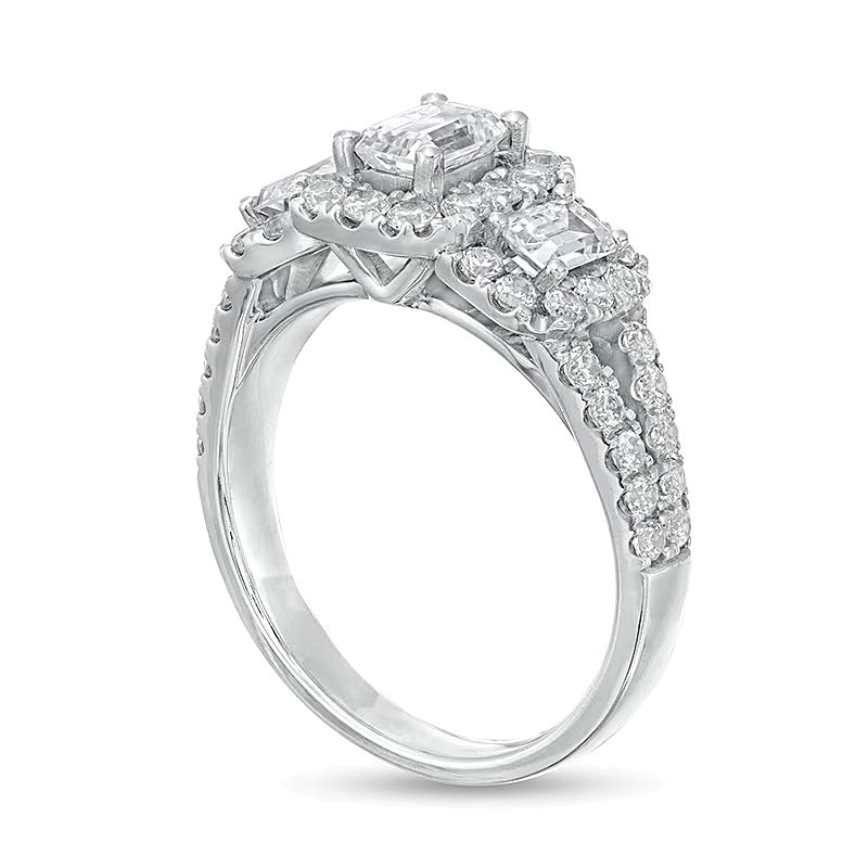 Dreistein-Verlobungsring mit Diamanten im Smaragdschliff 2.0 ct. Gesamtgewicht in 14K Weißgold