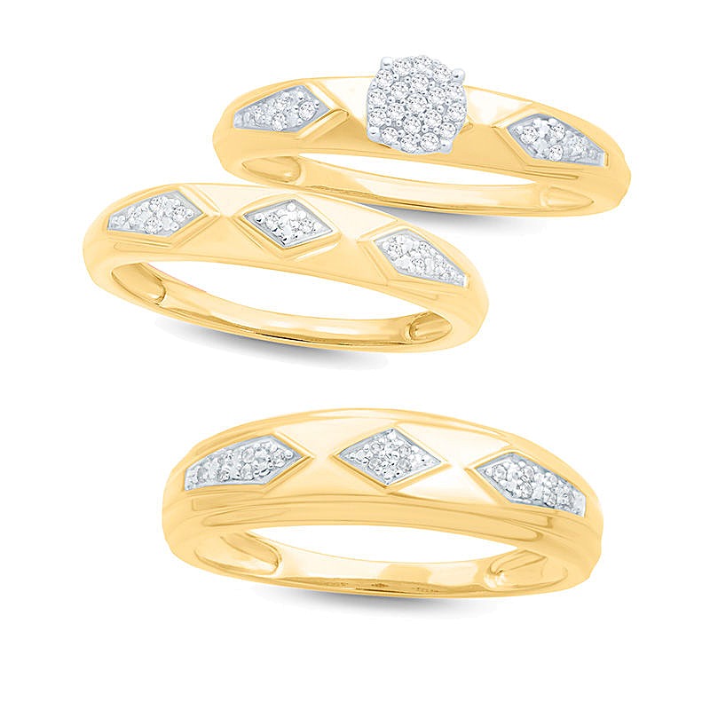 Ehering mit Diamant-Besatz im geometrischen Retro-Stil in 10K Gelbgold