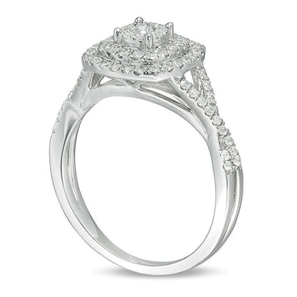 0,5 ct. Gesamtgewicht Diamant Verlobungsring mit dreifachem Halo im Kissenschliff und Crossover-Schiene in 10K Weißgold