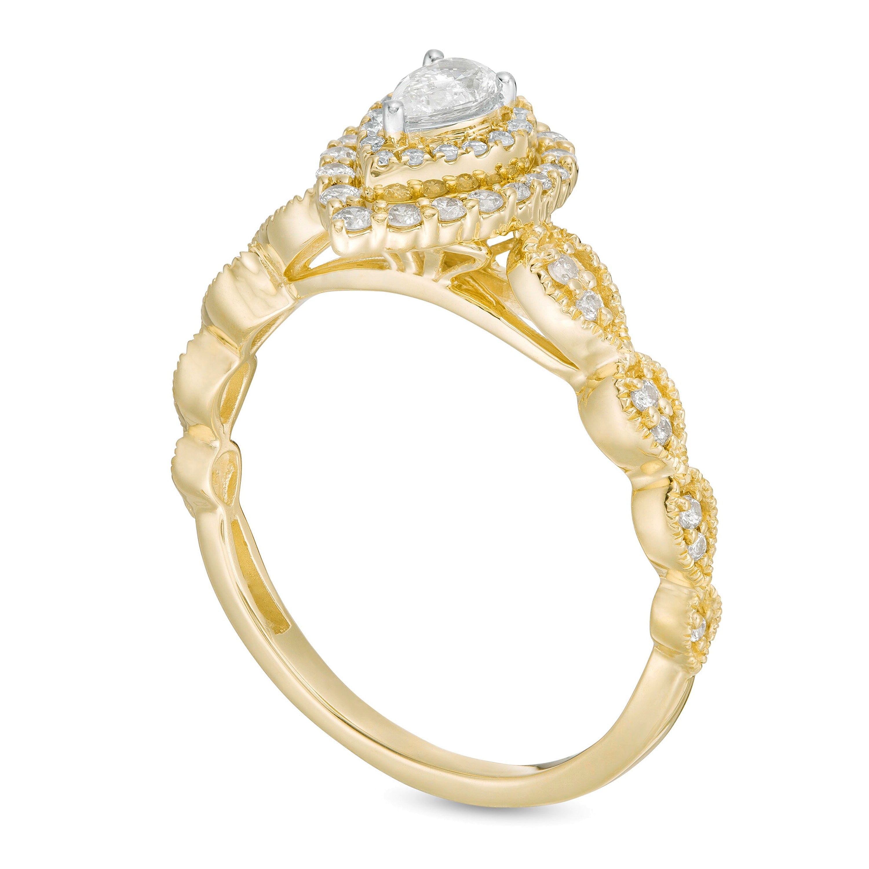 0,38 ct. Gesamtgewicht Verlobungsring mit tropfenförmigem Diamant im Halo-Design im Art-déco-Vintage-Stil in 10K Gelbgold