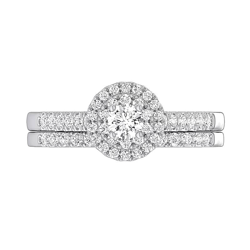 0,5 ct. Gesamtgewicht Diamant-Brautset mit doppeltem Halo in rhodiniertem Sterlingsilber