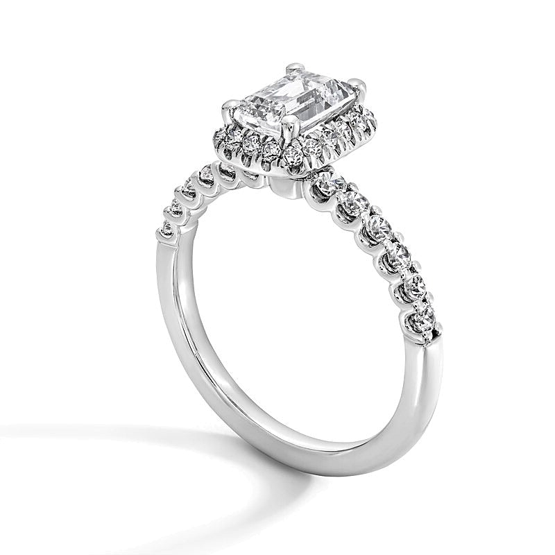 1.5 CT. Gesamtgewicht Halo-Ring mit Labordiamant im Smaragdschliff in 14K Weißgold (F/SI2)